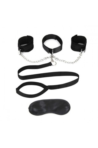 Чёрный ошейник с наручниками и поводком Collar Cuffs & Leash Set