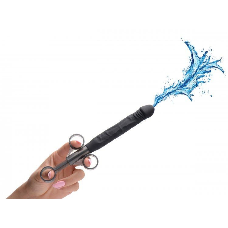 Черный шприц в форме пениса для введения лубриканта Jizz Shooter Silicone Dildo Lube - 19,7 см.