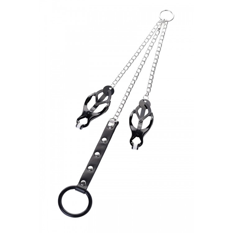 Черно-серебристые зажимы для сосков с кольцом для пениса TOYFA Metal Черно-серебристые зажимы для сосков с кольцом для пениса TOYFA Metal