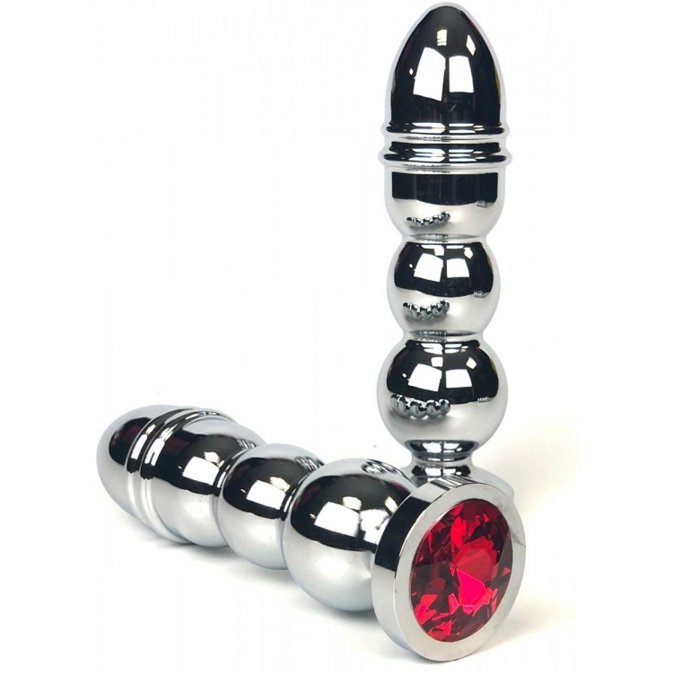 Серебристая анальная пробка-ёлочка с красным кристаллом - 13 см.