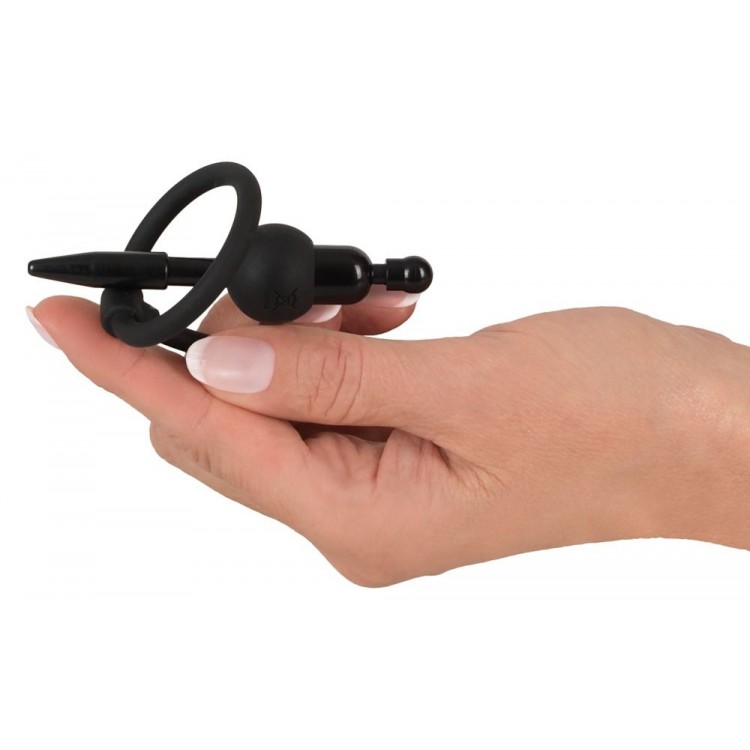 Черный силиконовый дилятор с вибрацией и кольцом PenisPlug with a Glans Ring & Vibration