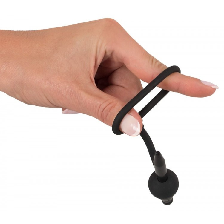 Черный силиконовый дилятор с вибрацией и кольцом PenisPlug with a Glans Ring & Vibration