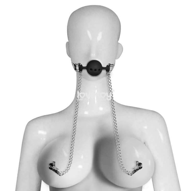 Серебристо-черный кляп с зажимами на соски Breathable Ball Gag With Nipple Clamp Серебристо-черный кляп с зажимами на соски Breathable Ball Gag With Nipple Clamp