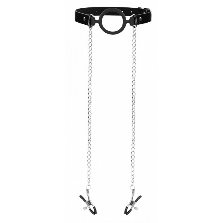 Черный кляп-кольцо с зажимами для сосков O-Ring Gag With Nipple Clamps