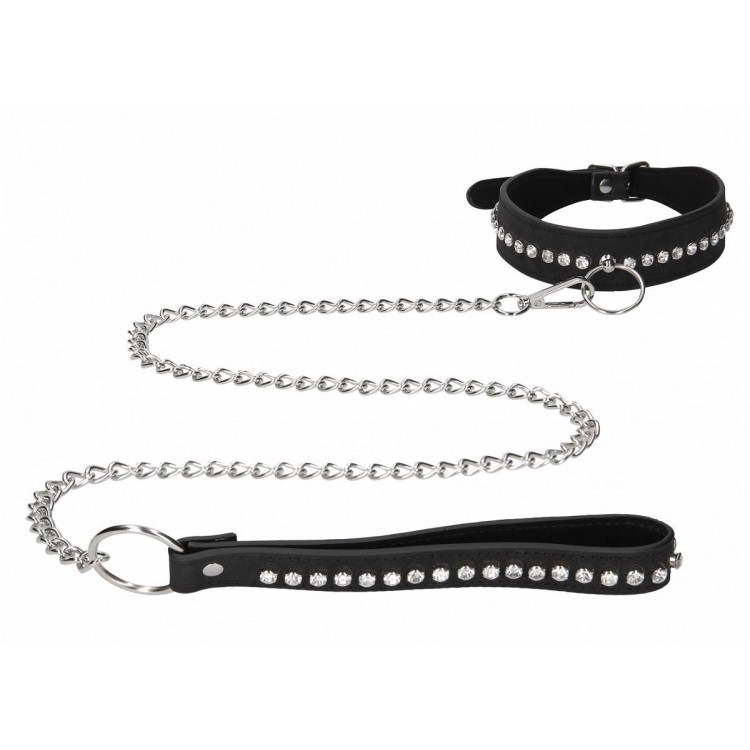 Черный ошейник с поводком Diamond Studded Collar With Leash