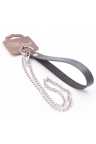 Серебристый металлический поводок с кожаной черной ручкой - 80 см.