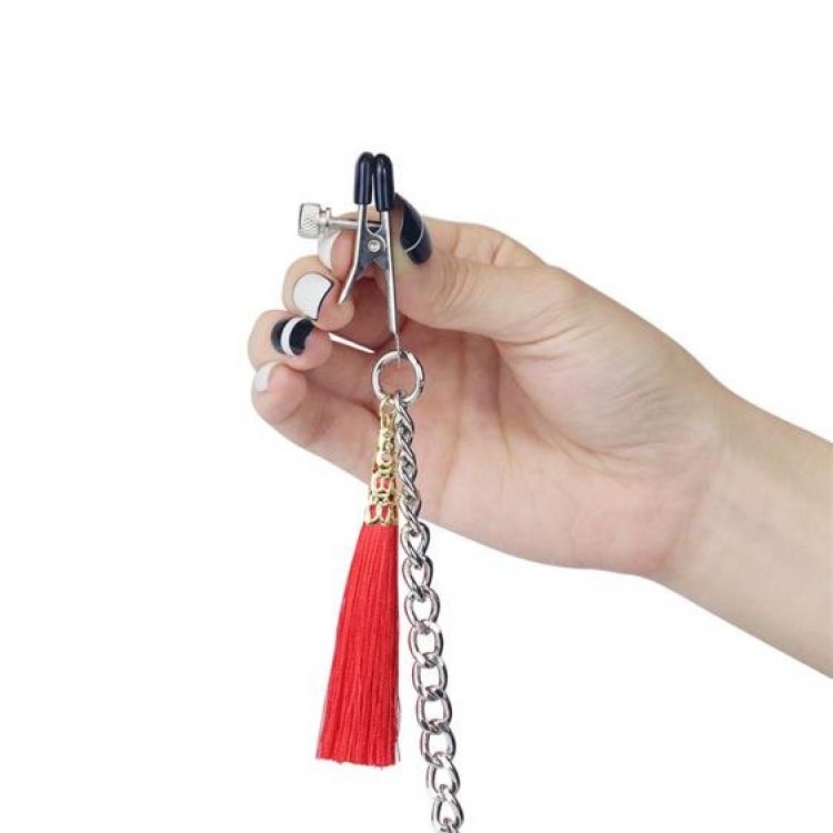 Зажимы на соски и клитор с игривыми красными кисточками Nipple Clit Tassel Clamp With Chain