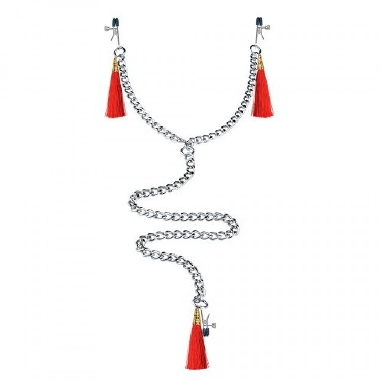 Зажимы на соски и клитор с игривыми красными кисточками Nipple Clit Tassel Clamp With Chain
