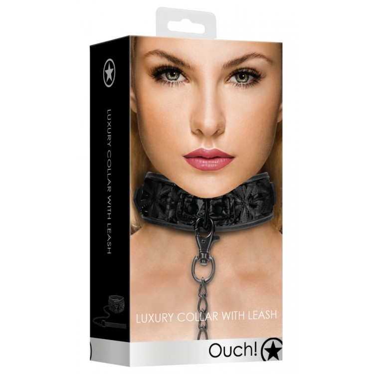 Черный широкий ошейник с поводком Luxury Collar with Leash Черный широкий ошейник с поводком Luxury Collar with Leash