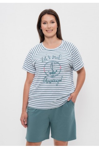 Комплект женский футболка и шорты 1152 оливковая полоска/якорь, Cleo
