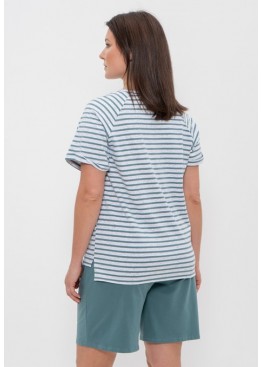 Комплект женский футболка и шорты 1152 оливковая полоска/якорь, Cleo