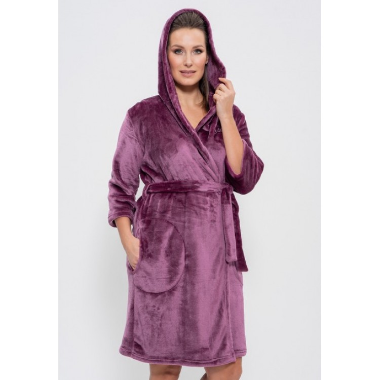 Женский халат велсофт с капюшоном 259-1 plum, Cleo