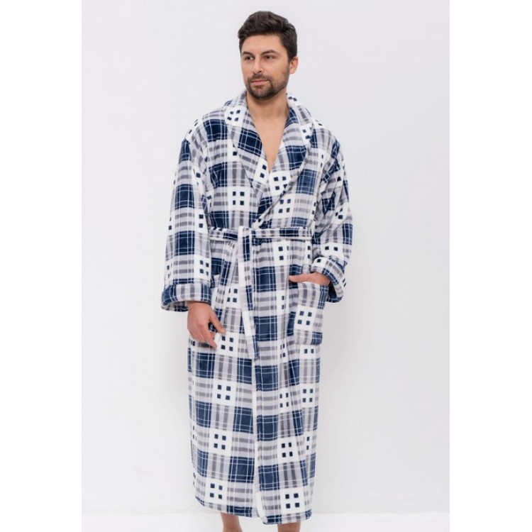 Теплый мужской халат 285-blue/grey kletka, Cleo