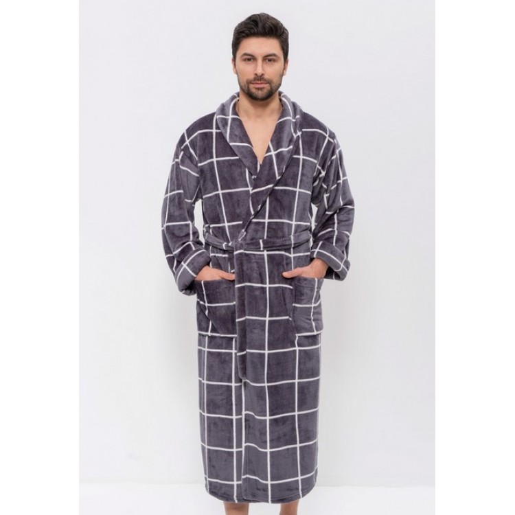 Теплый мужской халат 285-grey/white big kletka, Cleo Теплый мужской халат 285-grey/white big kletka, Cleo