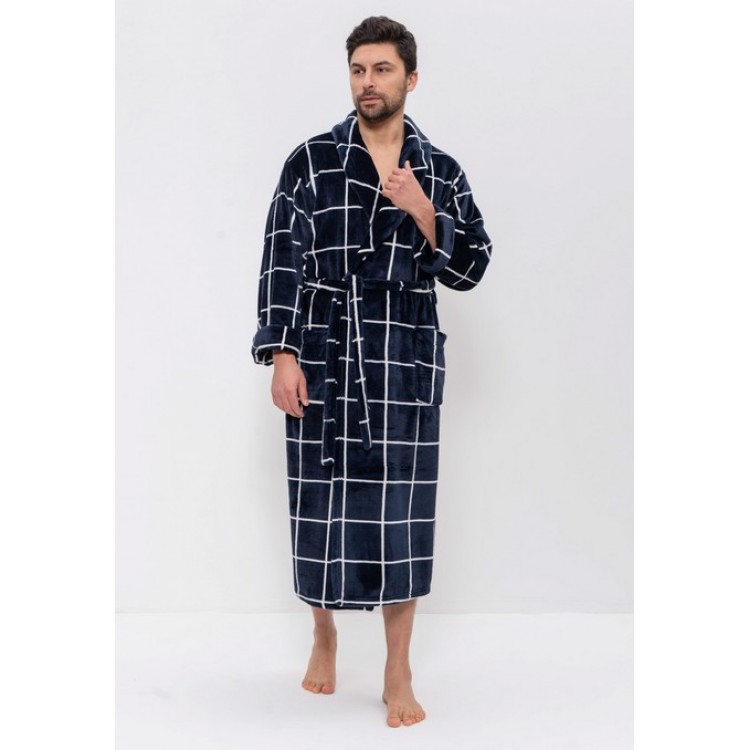Теплый мужской халат 285-blue/white big kletka, Cleo
