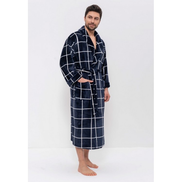 Теплый мужской халат 285-blue/white big kletka, Cleo
