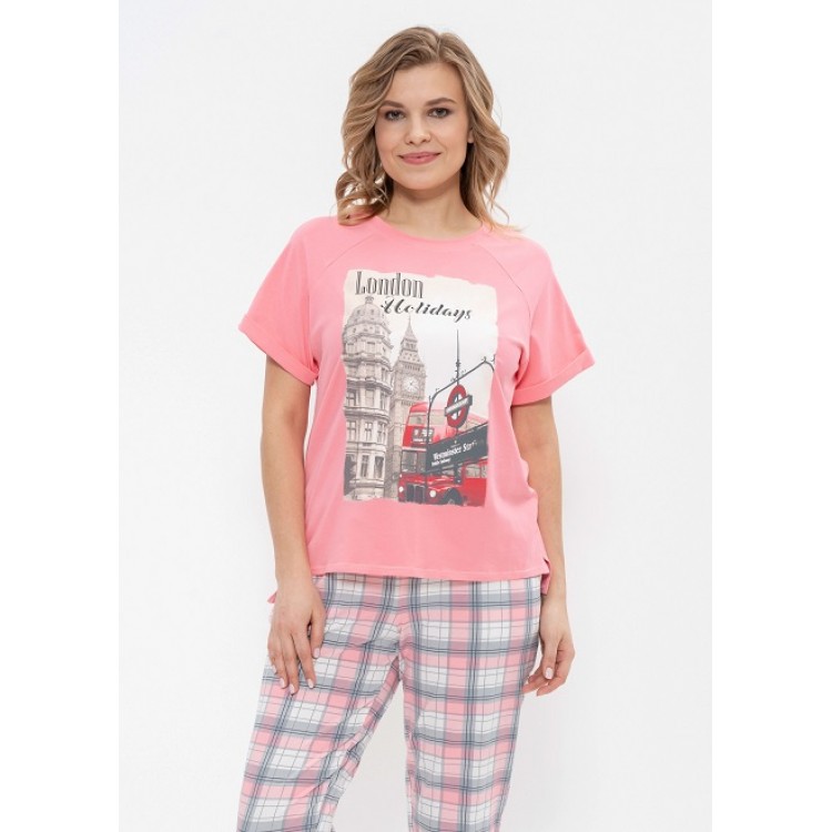 Женская хлопковая пижама с брюками 729-peach/London, Cleo