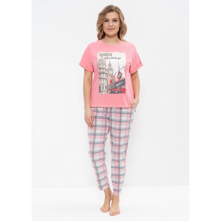 Женская хлопковая пижама с брюками 729-peach/London, Cleo