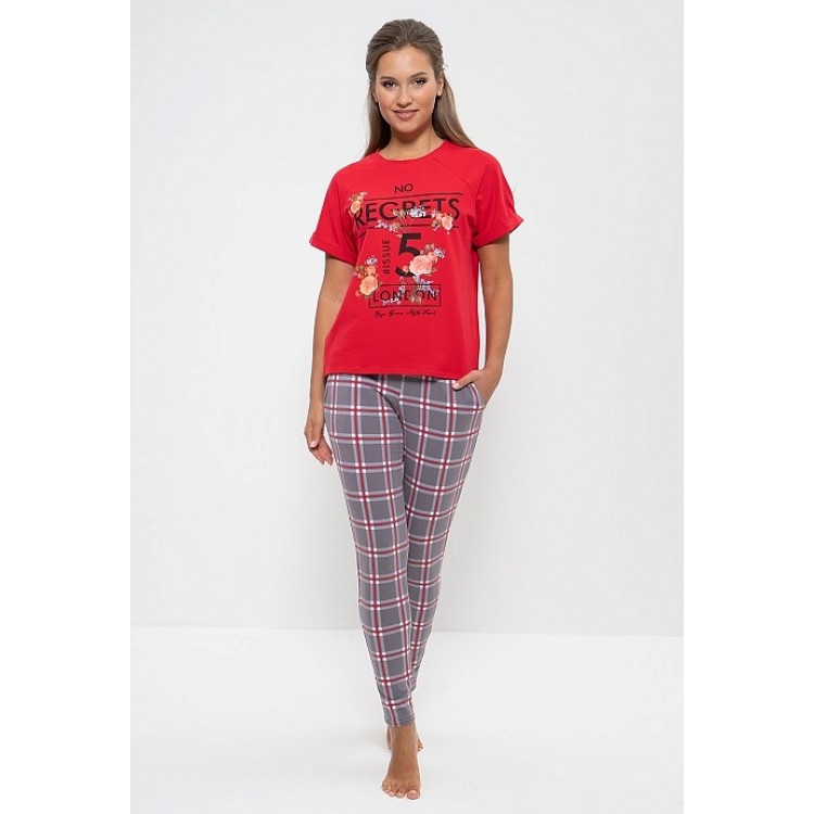Женская хлопковая пижама с брюками 729-red/flowers, Cleo