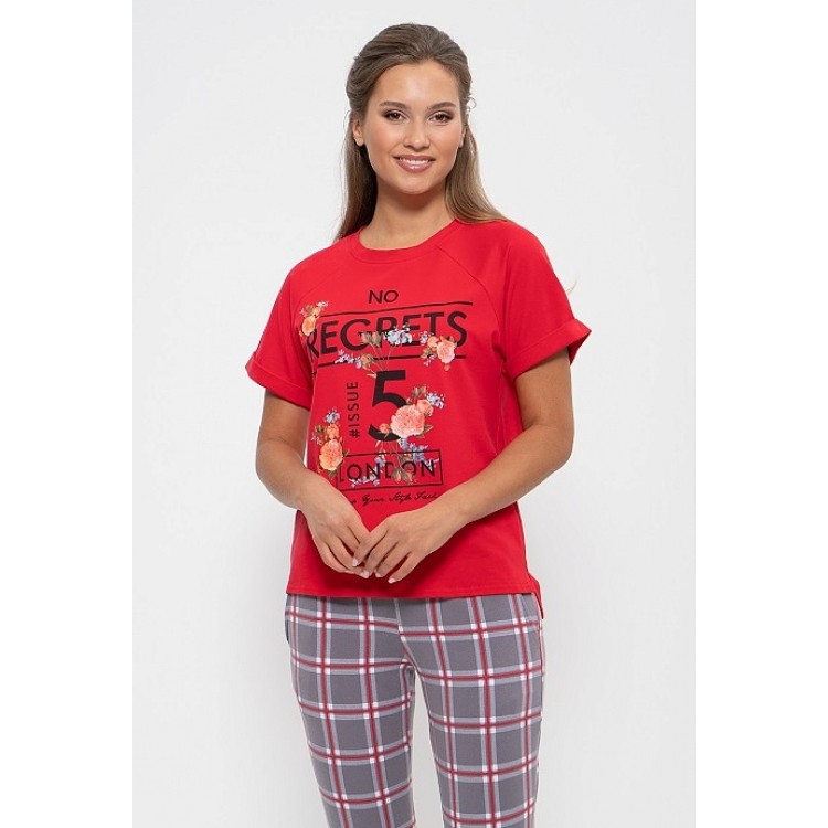 Женская хлопковая пижама с брюками 729-red/flowers, Cleo