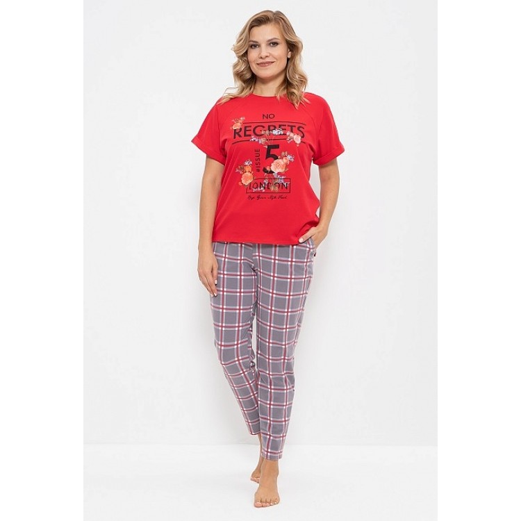 Женская хлопковая пижама с брюками 729-red/flowers, Cleo