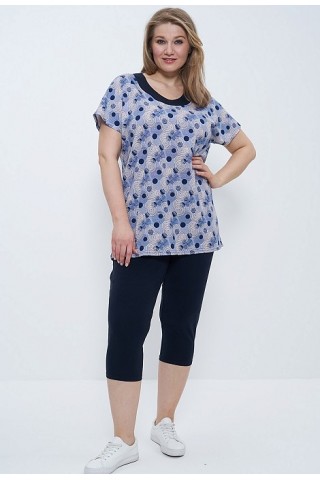 Костюм женский футболка с бриджами 774 синий/круги, Cleo