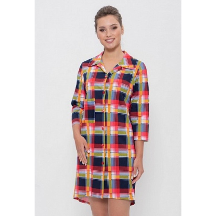 Женский хлопковый халат-рубашка 895-red/yellow/olive, Cleo Женский хлопковый халат-рубашка 895-red/yellow/olive, Cleo