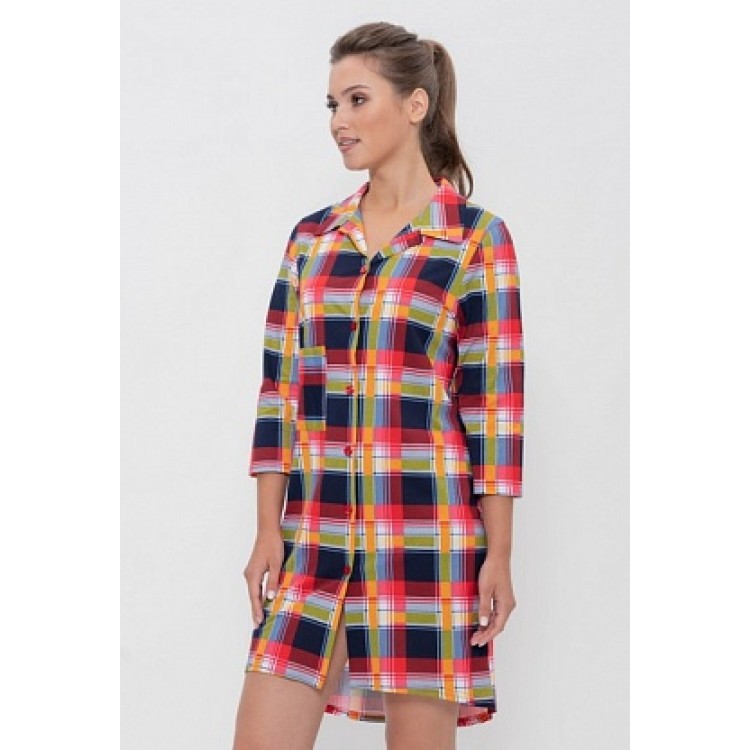 Женский хлопковый халат-рубашка 895-red/yellow/olive, Cleo Женский хлопковый халат-рубашка 895-red/yellow/olive, Cleo