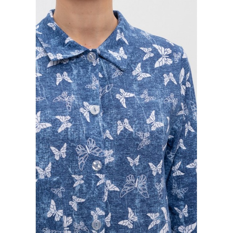 Женский хлопковый халат-рубашка 895-джинсовый бабочки, Cleo Женский хлопковый халат-рубашка 895-джинсовый бабочки, Cleo