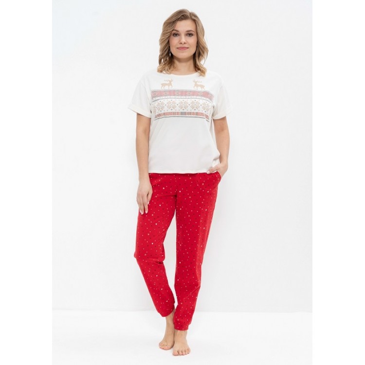 Хлопковый домашний комплект с брюками 972-milk/red, Cleo
