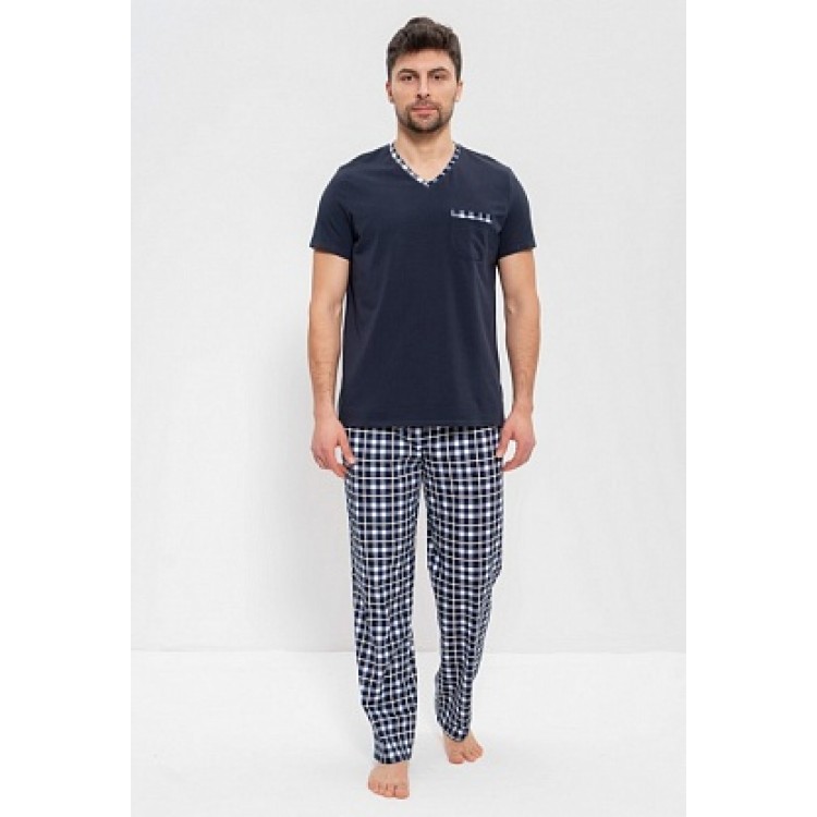 Мужская хлопковая пижама с брюками 975 blue/beg, Cleo