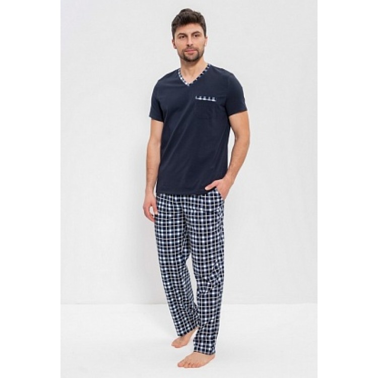 Мужская хлопковая пижама с брюками 975 blue/beg, Cleo