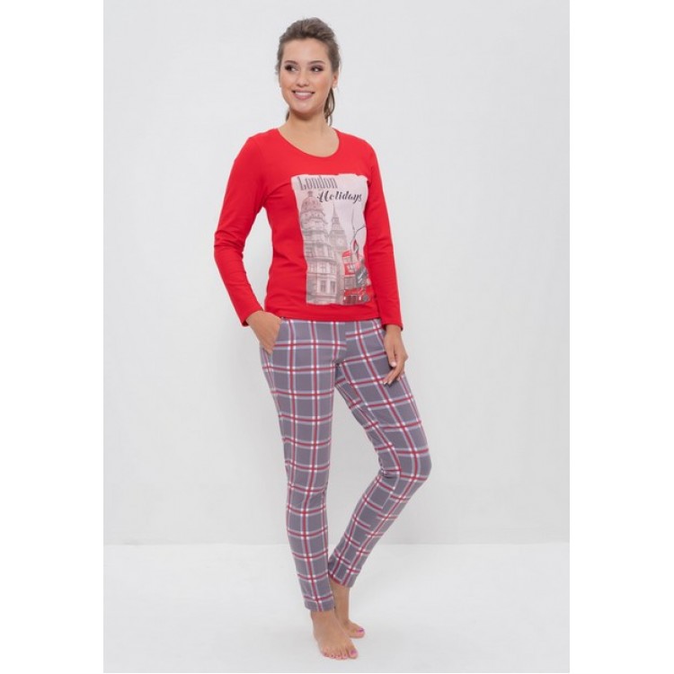 Хлопковая женская пижама с брюками 985 red, Cleo