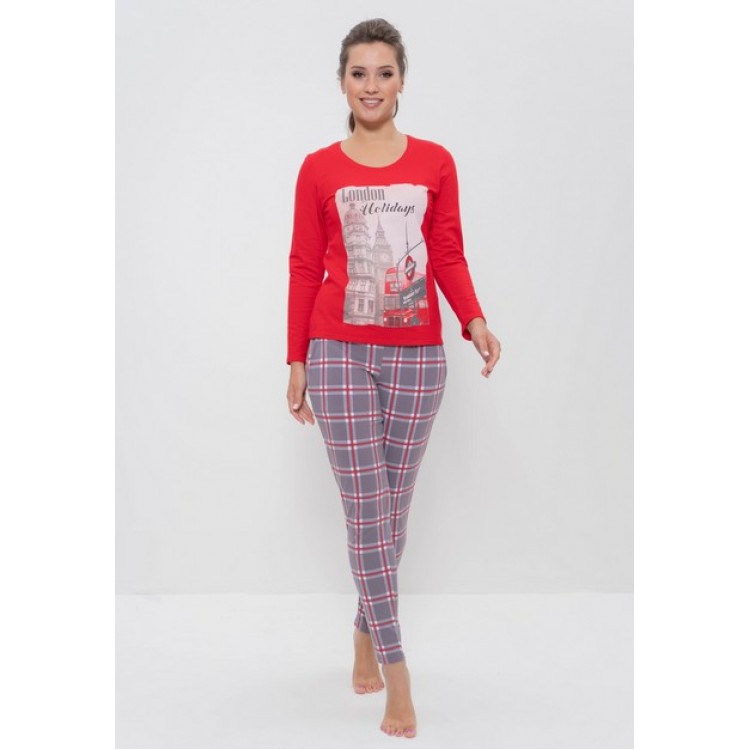 Хлопковая женская пижама с брюками 985 red, Cleo
