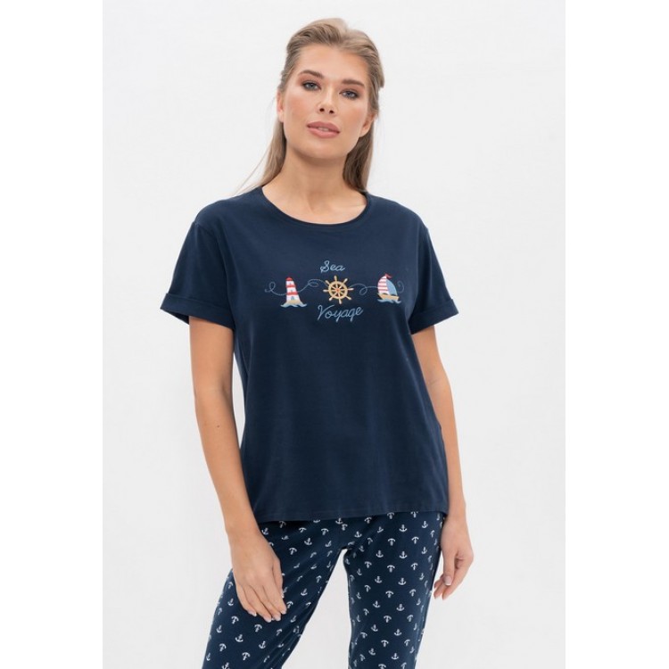 Хлопковая женская пижама с бриджами 987-1 синий/якоря, Cleo