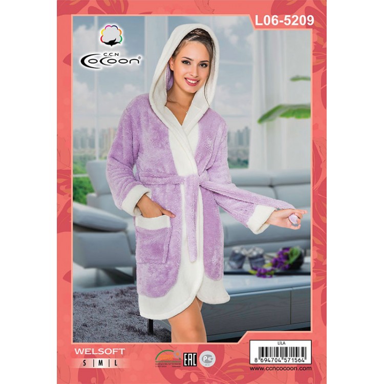 Теплый женский халат с капюшоном L06-5209 lilac, COCOON