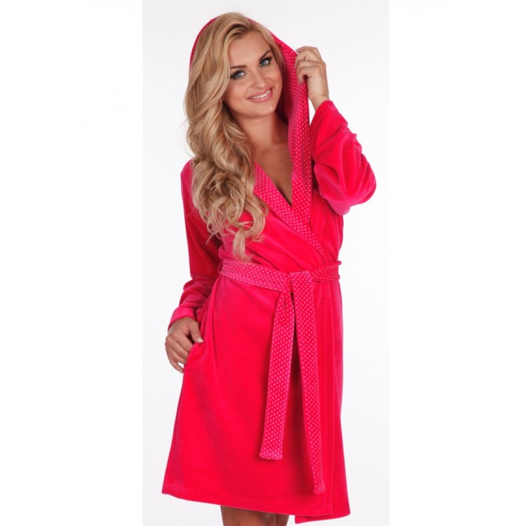 Малиновый велюровый халат 965 WELUR KROPKI raspberry, DELAFENSE
