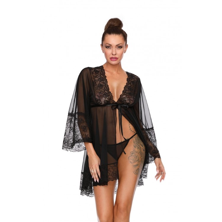 Черный эротический комплект пеньюар+стринги N-738, Excellent Beauty