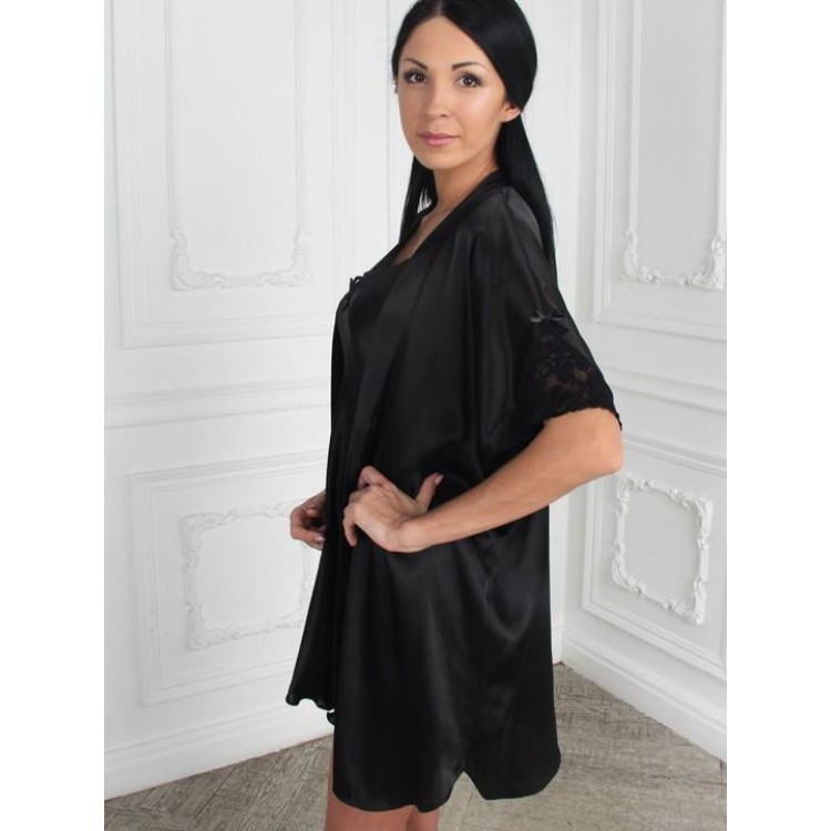 Короткий женский атласный халат 609-black, Felisse