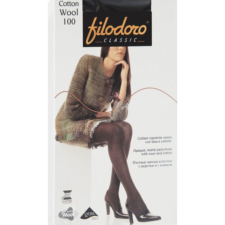 Плотные матовые колготки из шерсти и хлопка Cotton Wool 100 - nero, Filodoro Classic