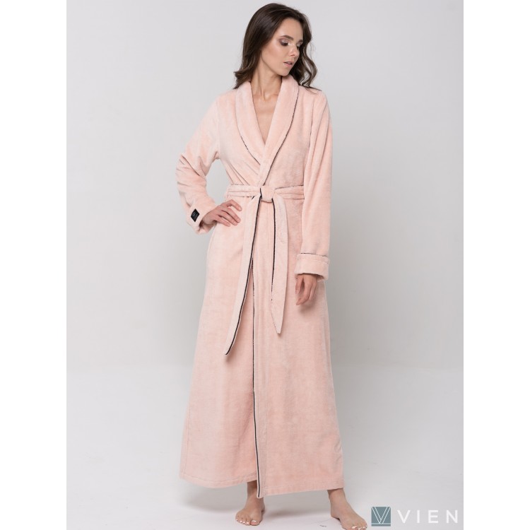 Длинный женский махровый халат ELEGANCE LINE пудровый, Five Wien