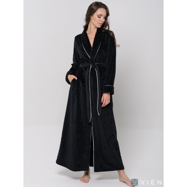 Длинный женский махровый халат ELEGANCE LINE черный, Five Wien