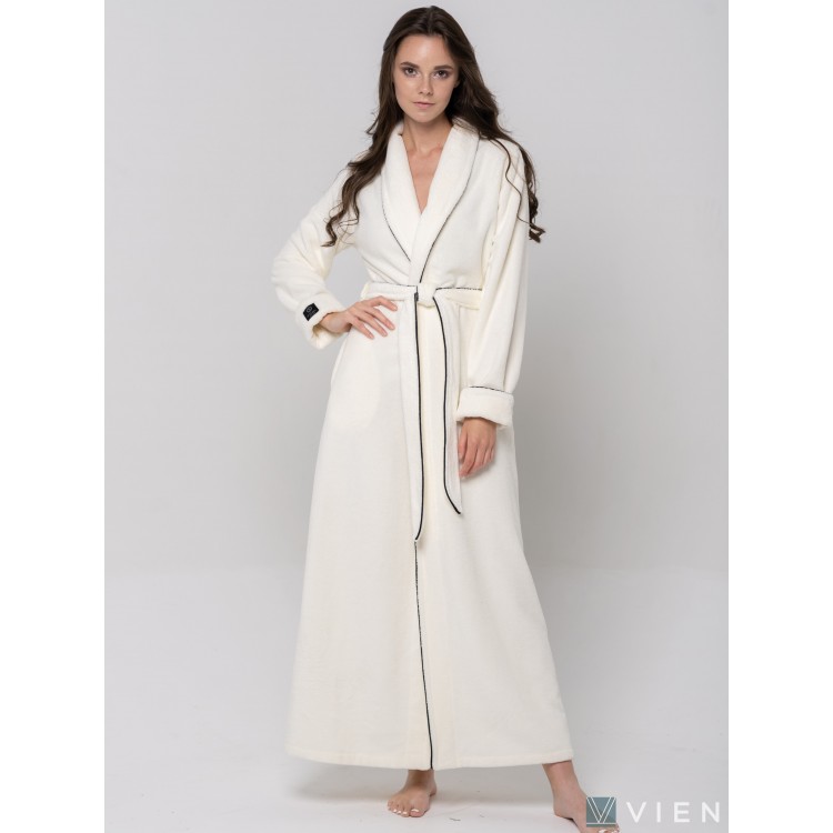 Длинный женский махровый халат ELEGANCE LINE кремовый, Five Wien