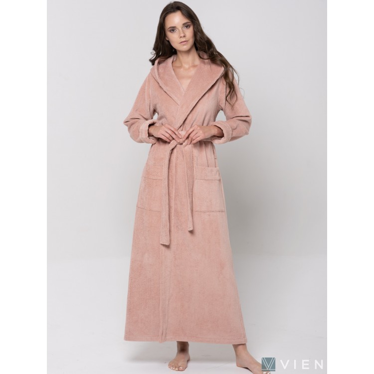 Длинный женский махровый халат с капюшоном LADY пудра, Five Wien