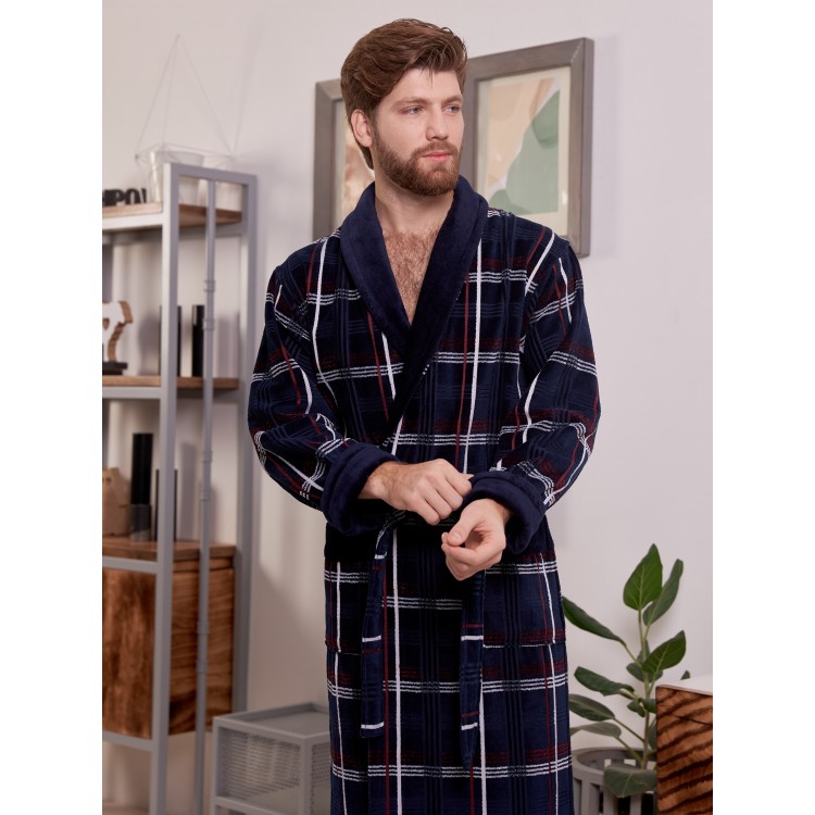 Халат мужской махровый LUX COTTON navy/burgundy, Five Wien