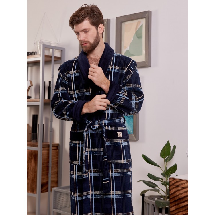 Халат мужской махровый LUX COTTON navy/cream, Five Wien