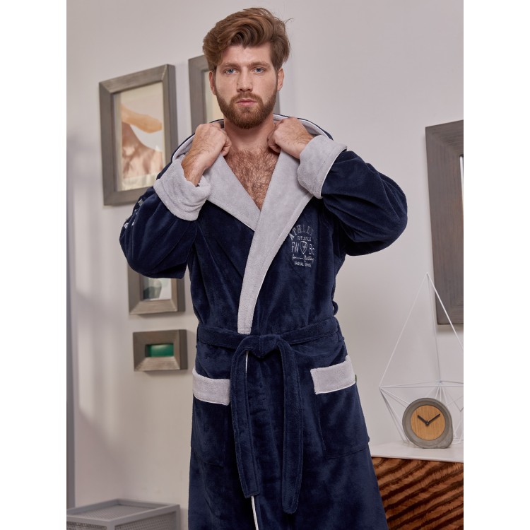 Мужской спортивный халат с капюшоном ATHLETIC mini - denim/silver, Five Wien