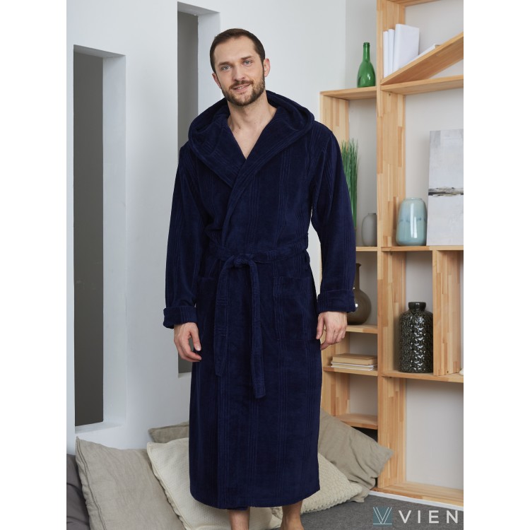 Мужской бамбуковый халат с капюшоном Coragio-navy, Five Wien