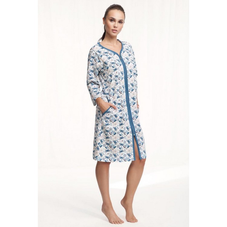 Женский хлопковый халат на молнии 362 blue/wheit, LUNA