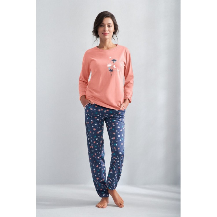 Женская хлопковая пижама с брюками 566-coral/blue, LUNA